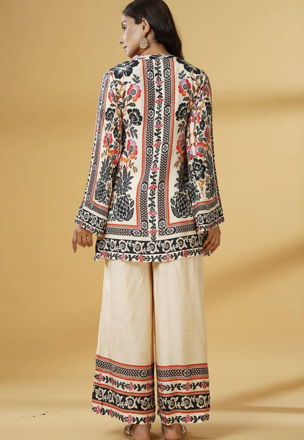 Digital Printed Muslin Silk A Line Kurti Set in Cream