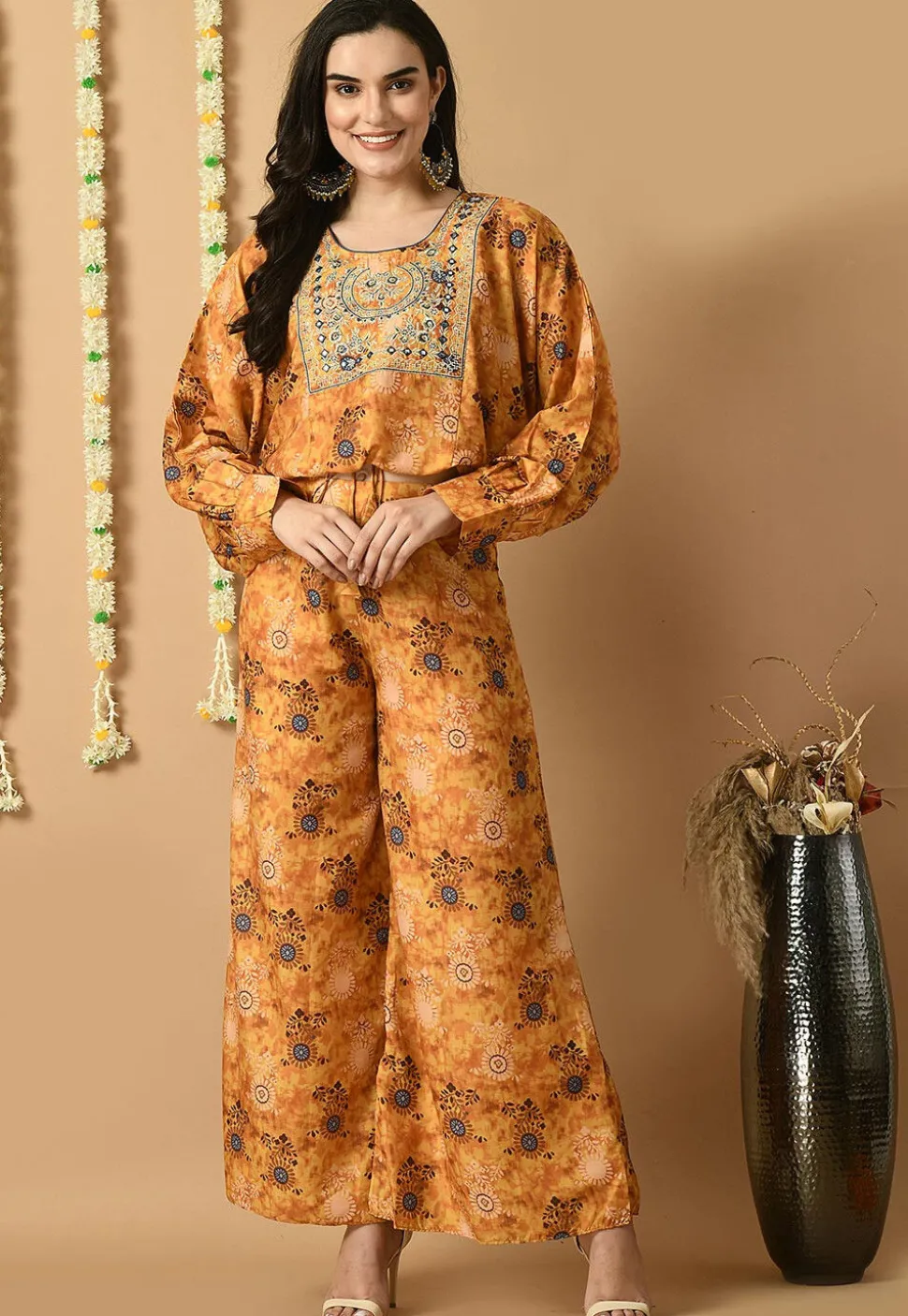 Digital Printed Muslin Silk Crop Top Set in Mustard