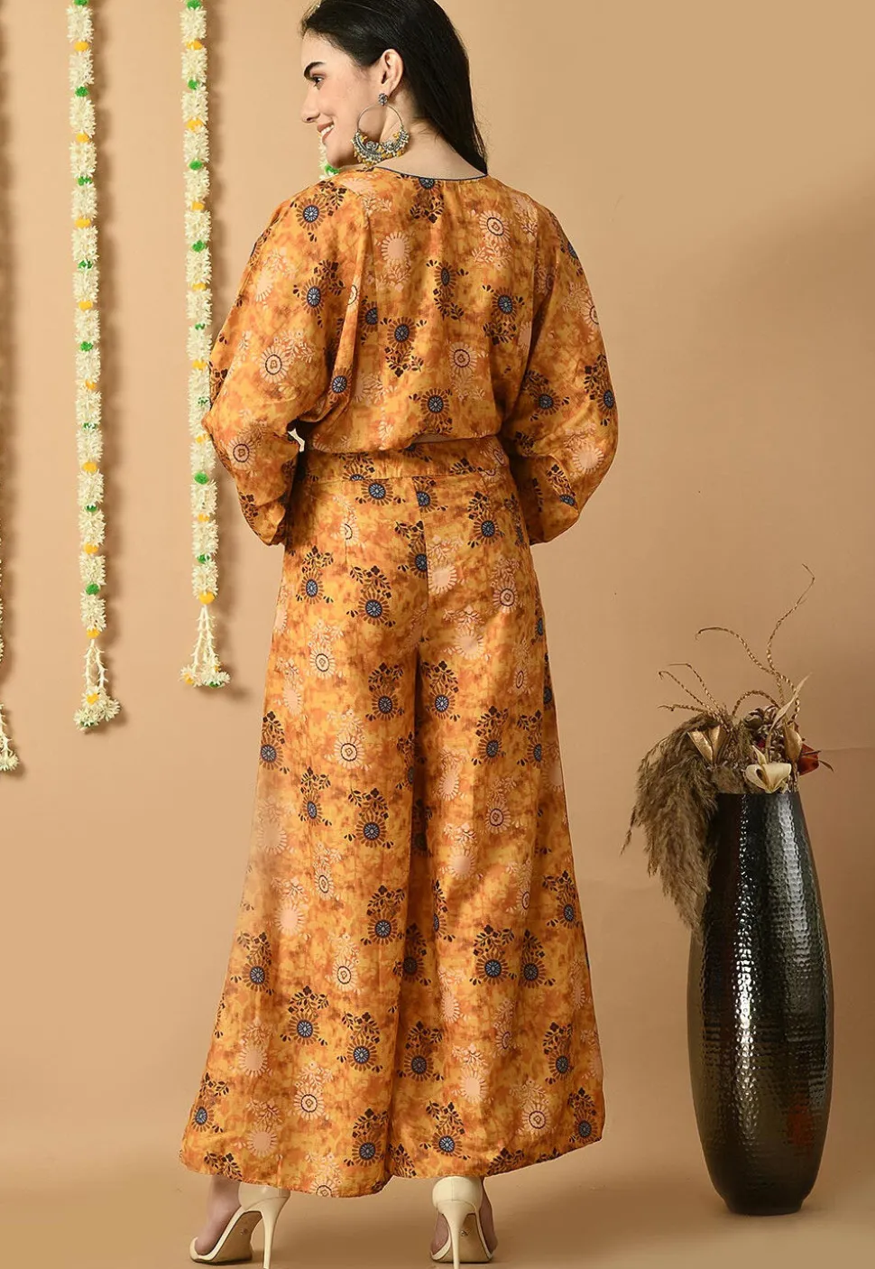 Digital Printed Muslin Silk Crop Top Set in Mustard