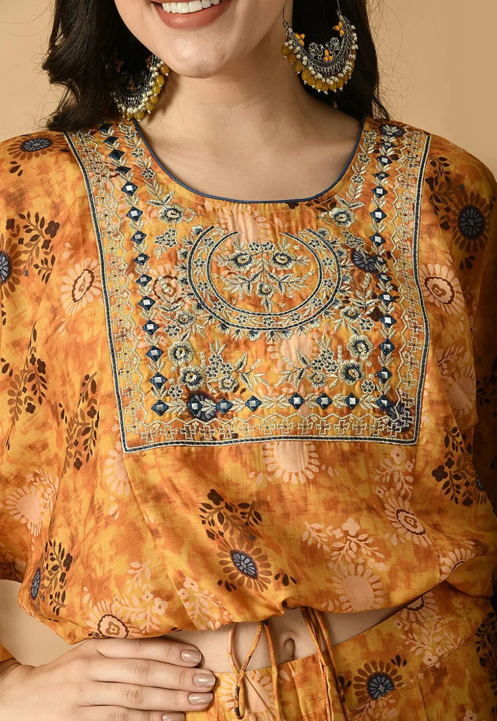 Digital Printed Muslin Silk Crop Top Set in Mustard