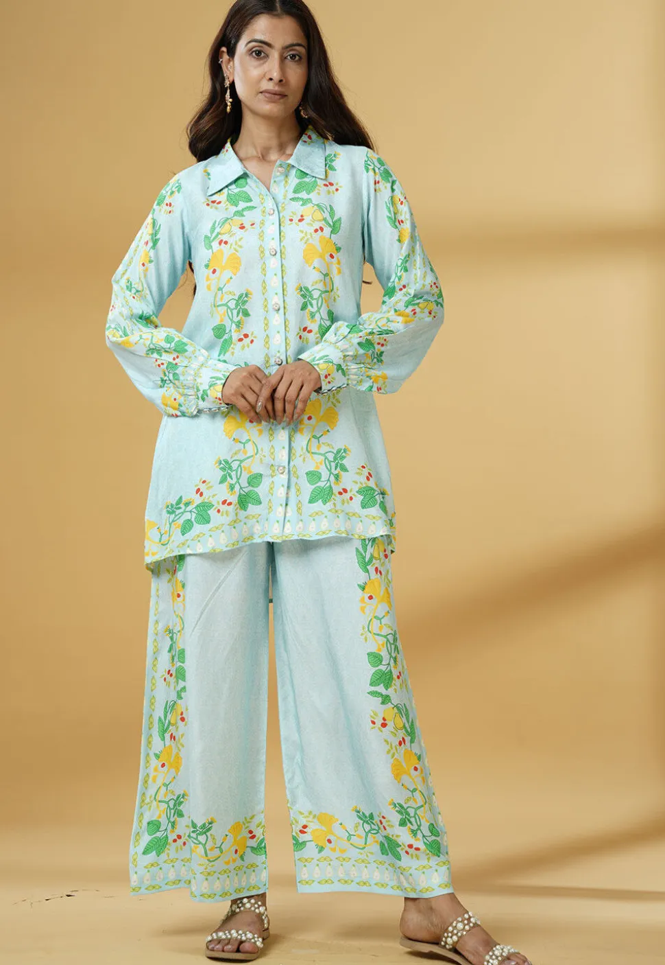 Digital Printed Muslin Silk Shirt Style Top Set in Sky Blue