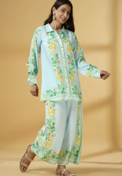 Digital Printed Muslin Silk Shirt Style Top Set in Sky Blue