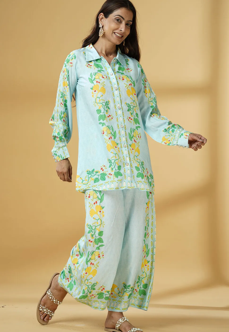 Digital Printed Muslin Silk Shirt Style Top Set in Sky Blue