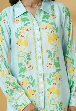 Digital Printed Muslin Silk Shirt Style Top Set in Sky Blue