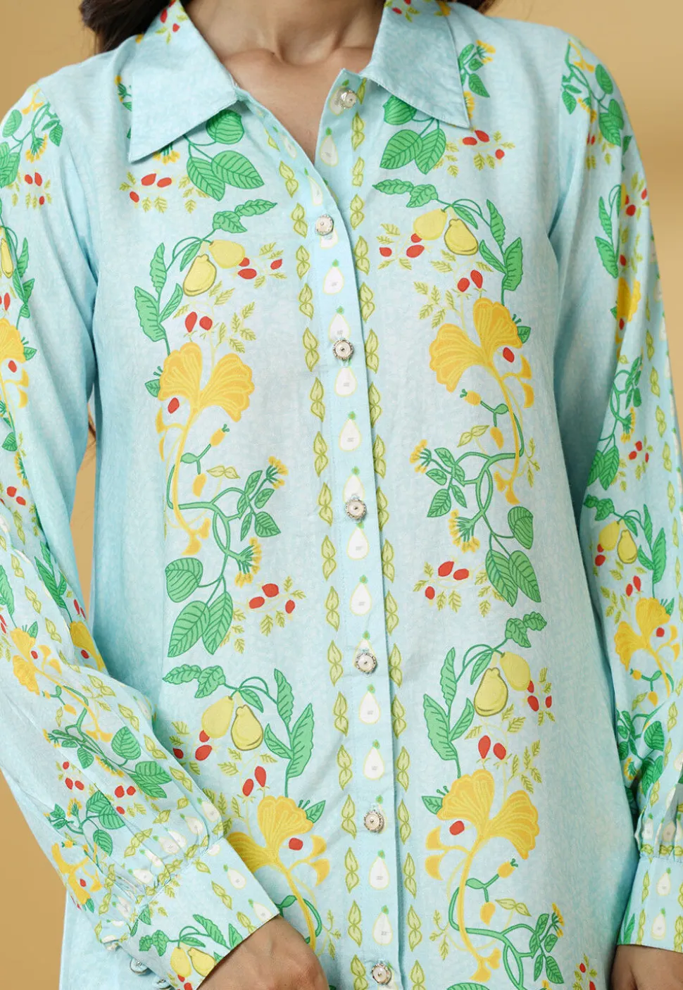 Digital Printed Muslin Silk Shirt Style Top Set in Sky Blue
