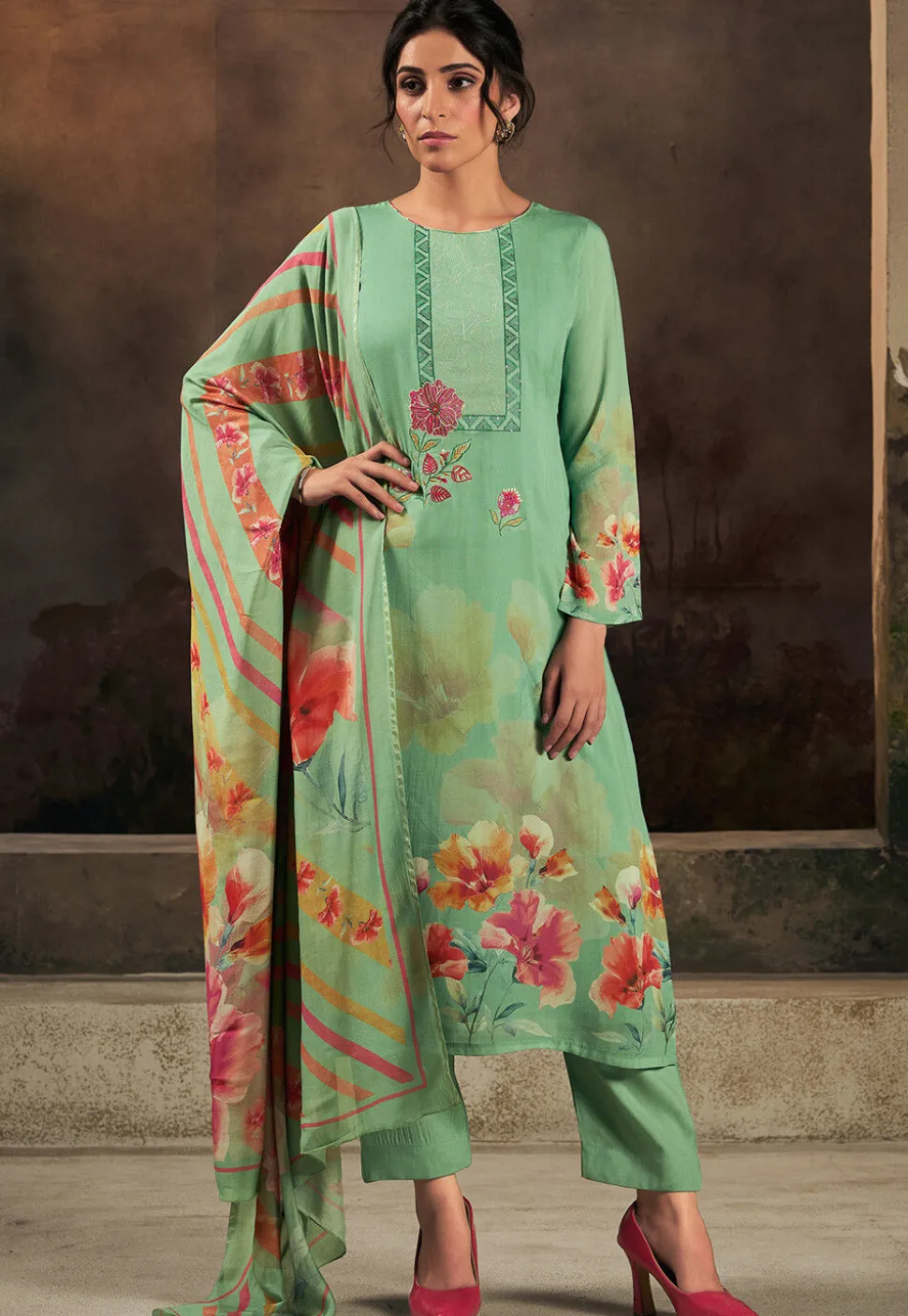 Digital Printed Muslin Silk Pakistani Suit in Light Green