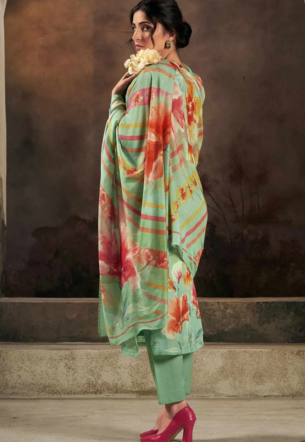 Digital Printed Muslin Silk Pakistani Suit in Light Green
