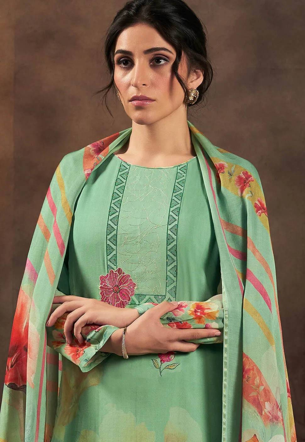 Digital Printed Muslin Silk Pakistani Suit in Light Green