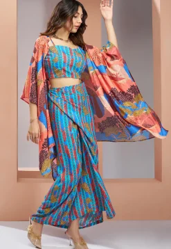 Digital Printed Muslin Silk Crop Top Set in Blue