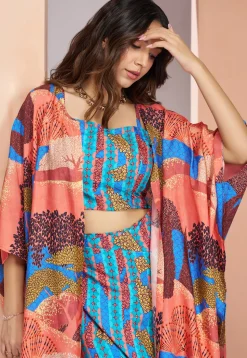 Digital Printed Muslin Silk Crop Top Set in Blue