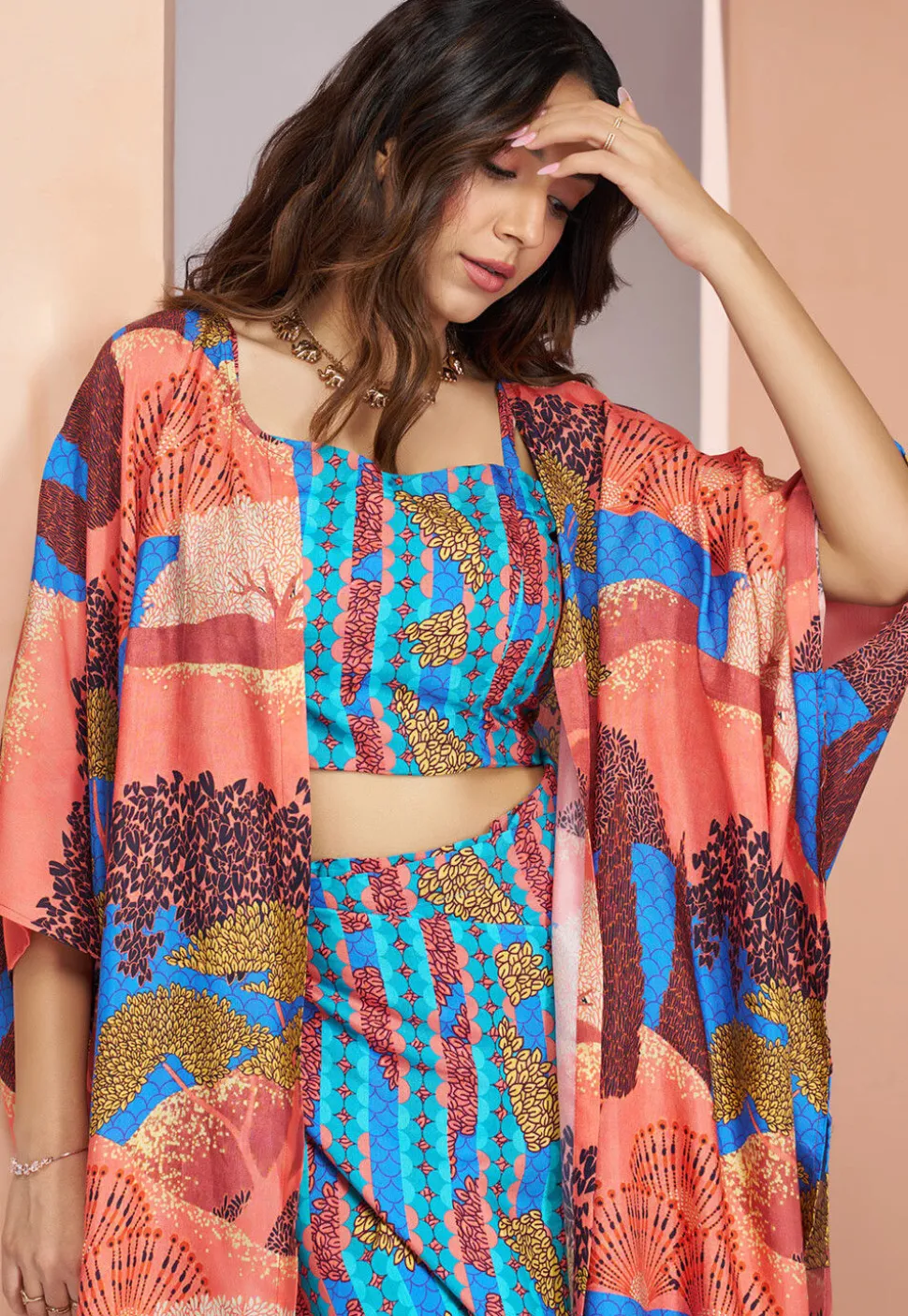 Digital Printed Muslin Silk Crop Top Set in Blue
