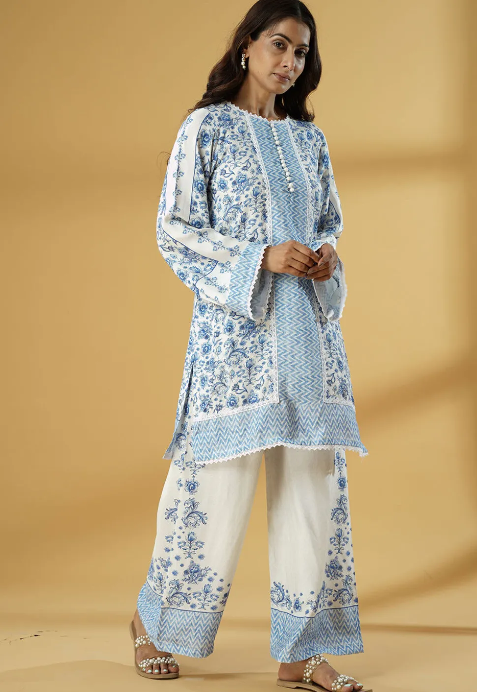 Digital Printed Muslin Silk Straight Kurti Set in White and Blue