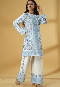 Digital Printed Muslin Silk Straight Kurti Set in White and Blue