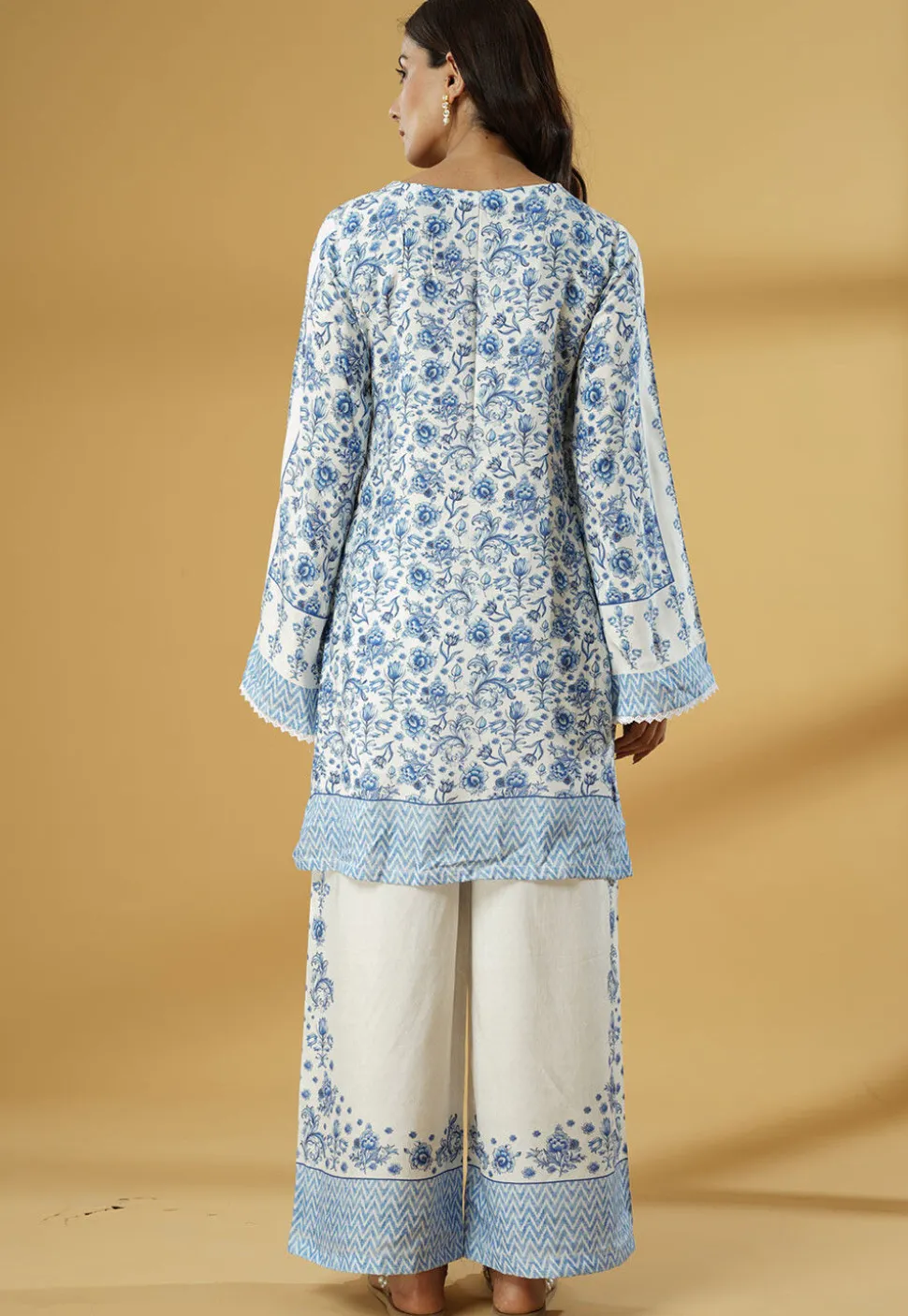 Digital Printed Muslin Silk Straight Kurti Set in White and Blue
