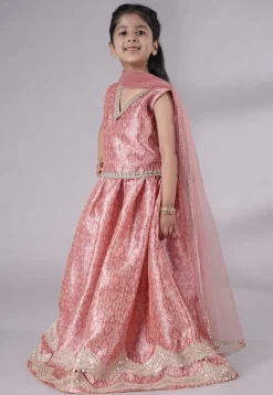 Digital Printed Net Lehenga in Peach
