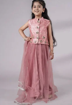 Digital Printed Net Lehenga in Peach