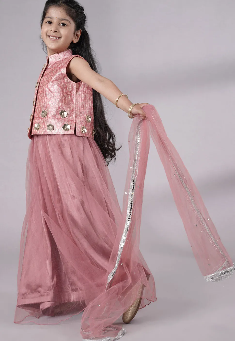 Digital Printed Net Lehenga in Peach