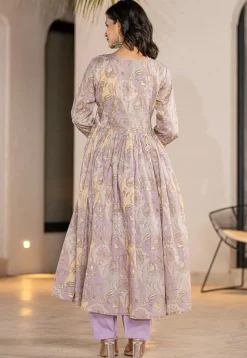 Digital Printed Organic Cotton and Malmal Cotton A Line Suit in Light Purple