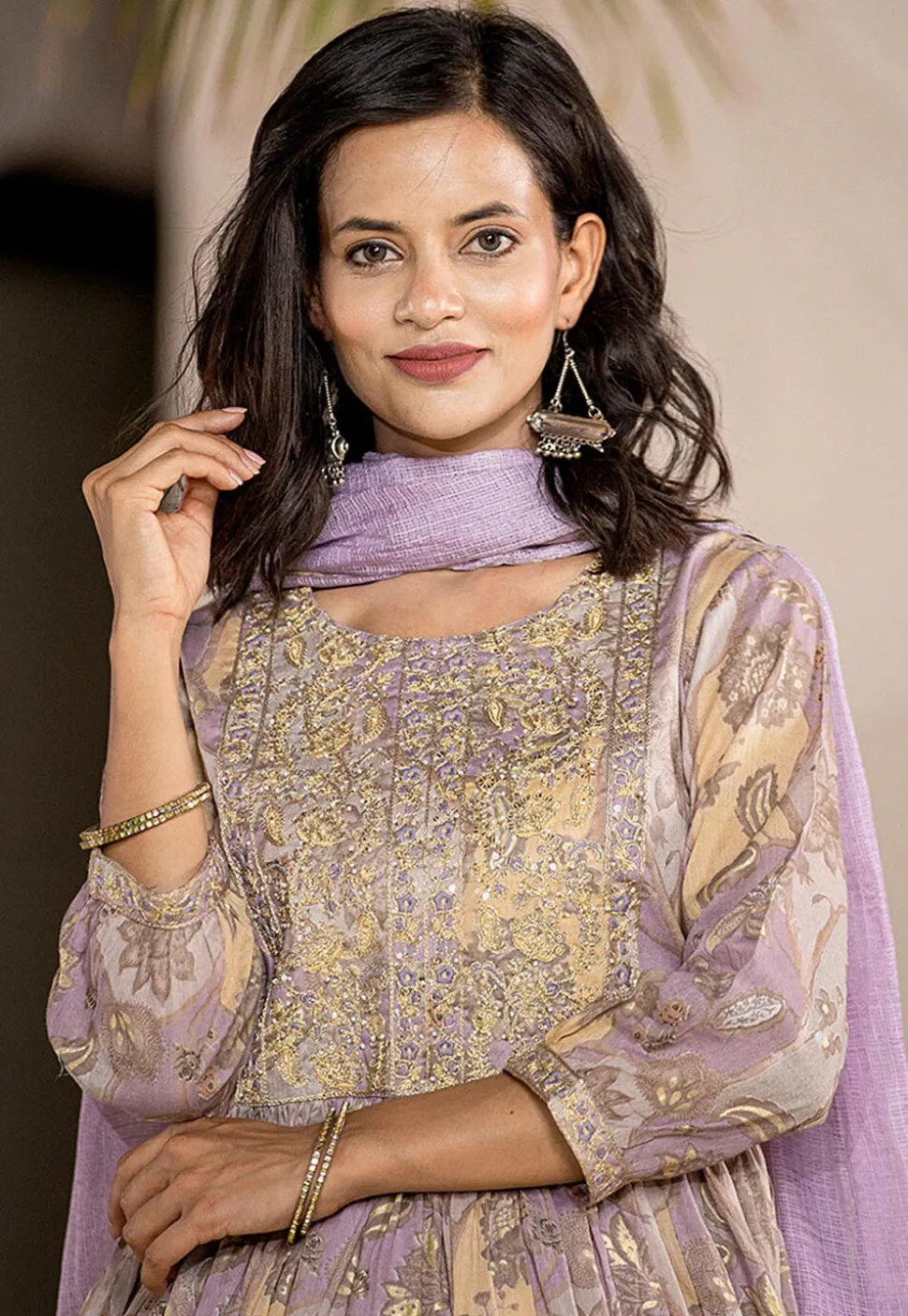 Digital Printed Organic Cotton and Malmal Cotton A Line Suit in Light Purple