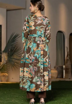 Digital Printed Organic Cotton and Malmal Cotton A Line Suit in Dark Brown