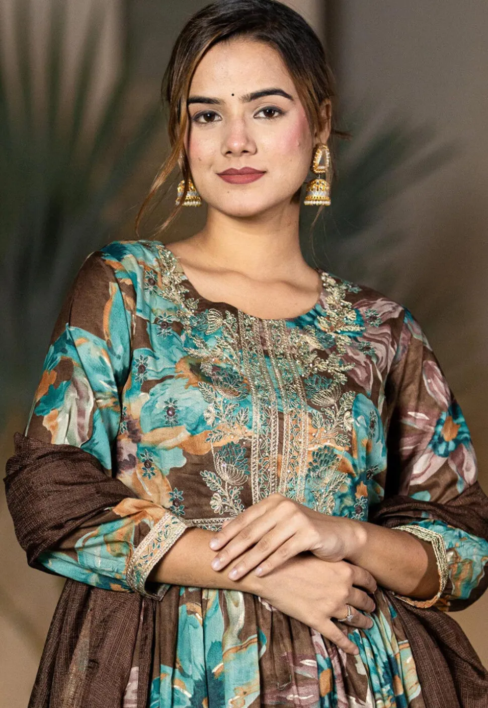 Digital Printed Organic Cotton and Malmal Cotton A Line Suit in Dark Brown