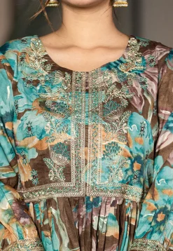 Digital Printed Organic Cotton and Malmal Cotton A Line Suit in Dark Brown