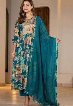 Digital Printed Organic Cotton and Malmal Cotton A Line Suit in Dark Teal Blue