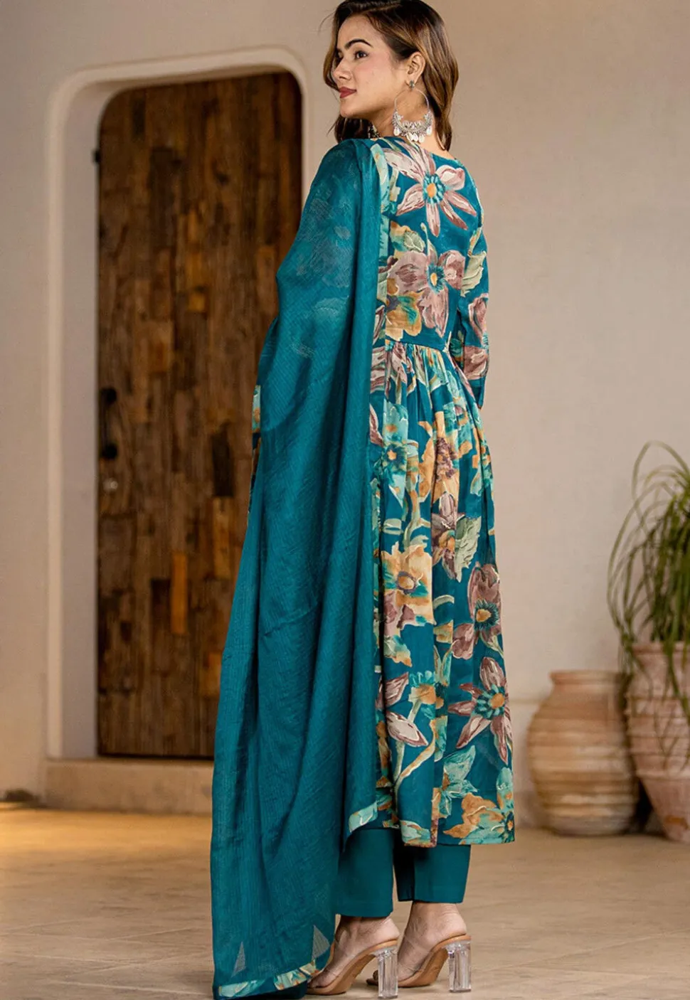 Digital Printed Organic Cotton and Malmal Cotton A Line Suit in Dark Teal Blue
