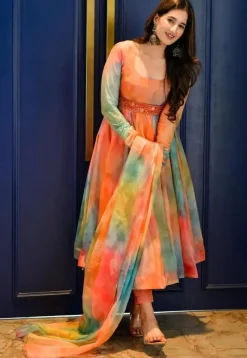 Digital Printed Organza Anarkali Suit in Multicolor