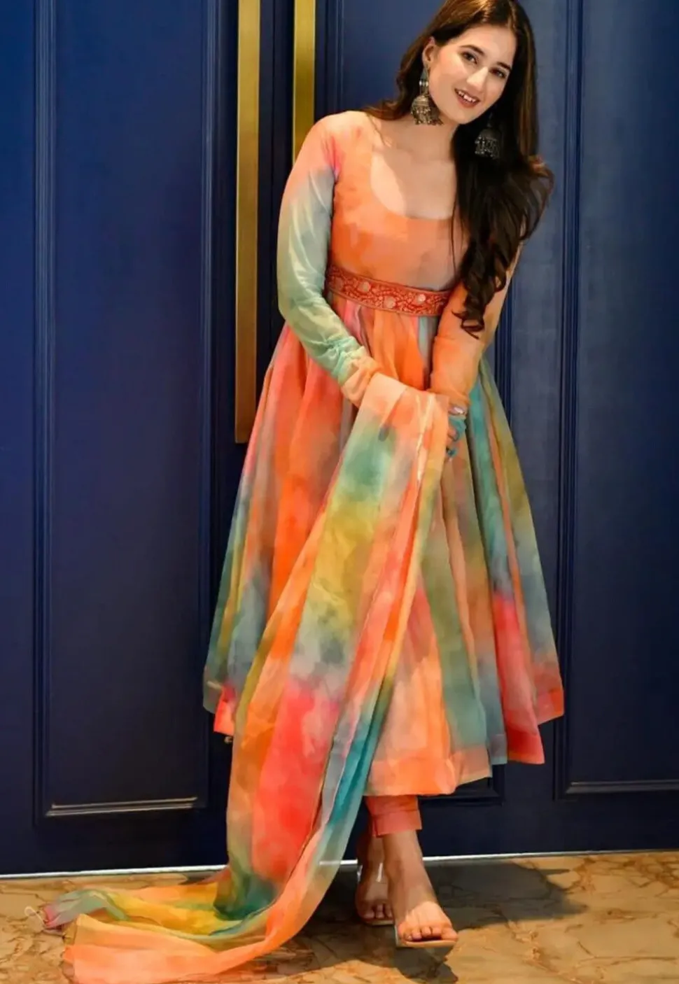 Digital Printed Organza Anarkali Suit in Multicolor