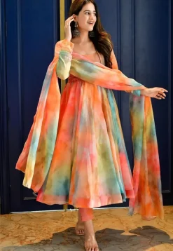 Digital Printed Organza Anarkali Suit in Multicolor