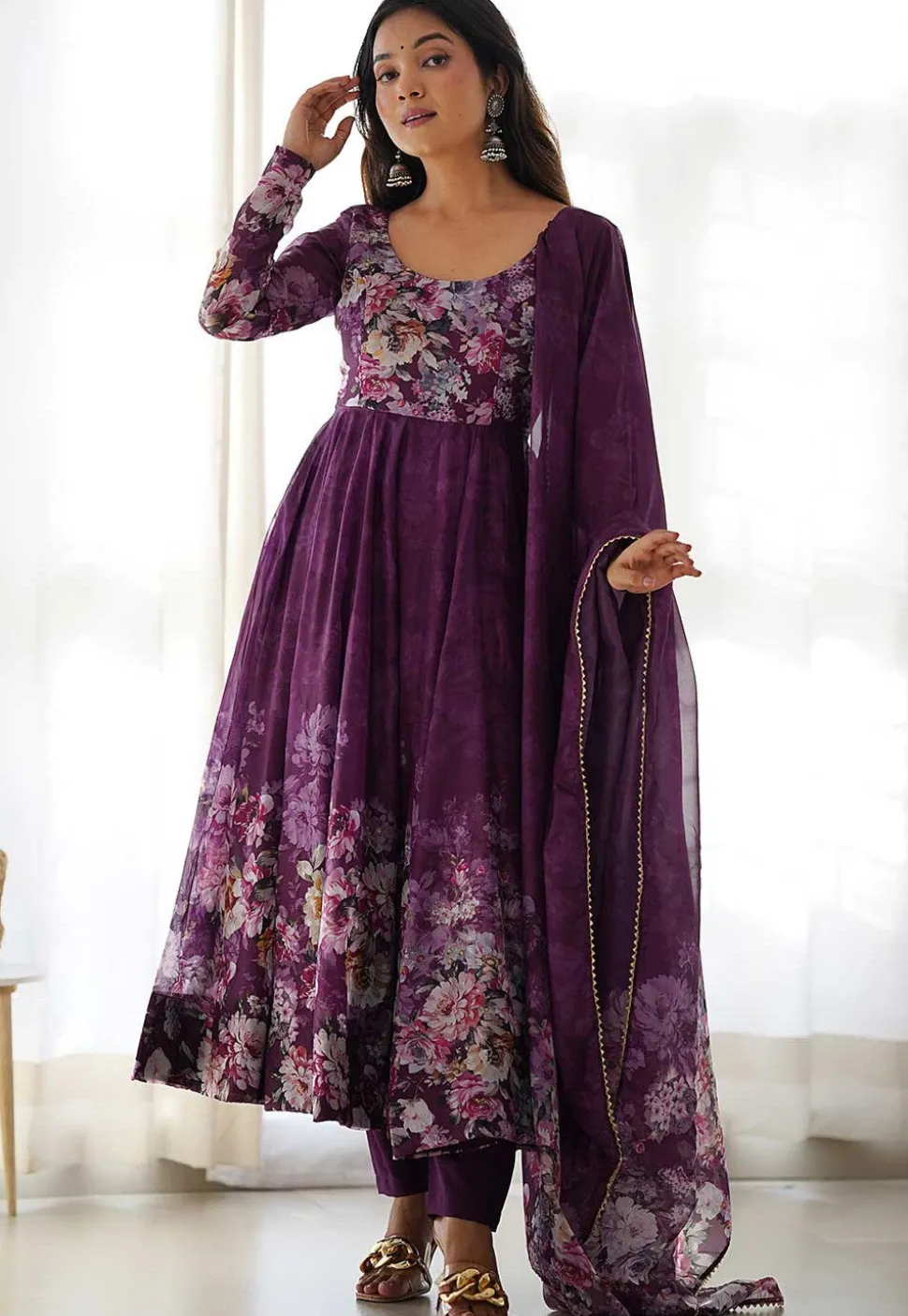 Digital Printed Organza Aline Suit in Dark Purple