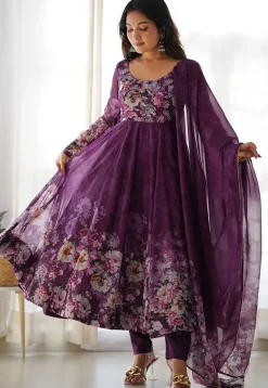 Digital Printed Organza Aline Suit in Dark Purple