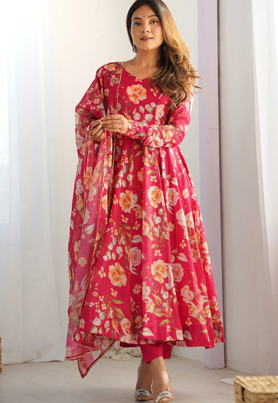 Digital Printed Organza A Line Suit in Pink