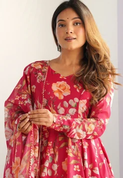 Digital Printed Organza A Line Suit in Pink