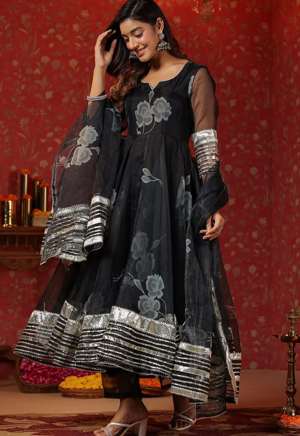 Digital Printed Organza Aline Suit in Black