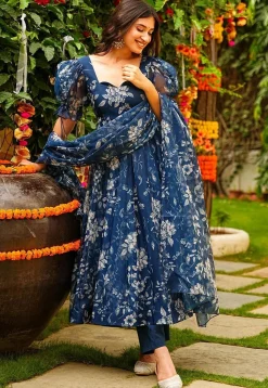 Digital Printed Organza Aline Suit in Teal Blue