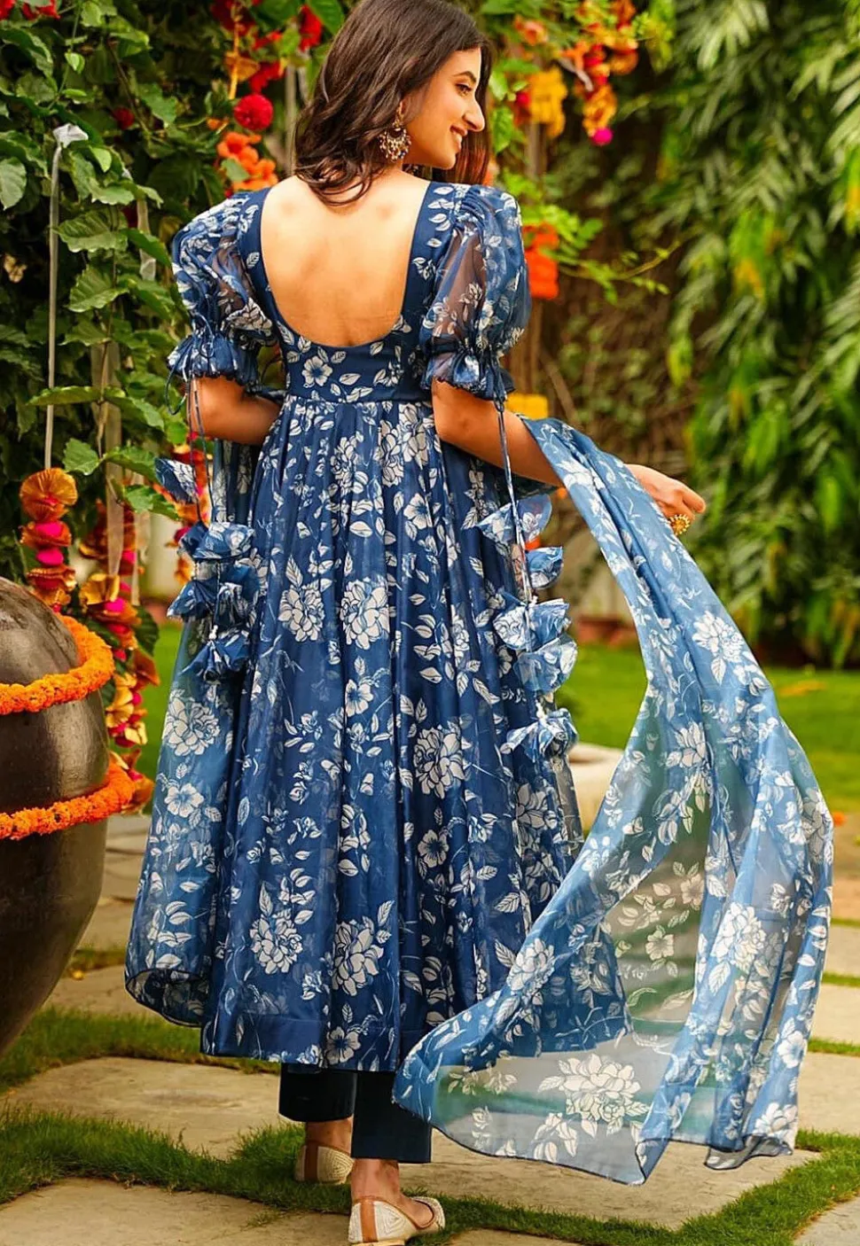 Digital Printed Organza Aline Suit in Teal Blue