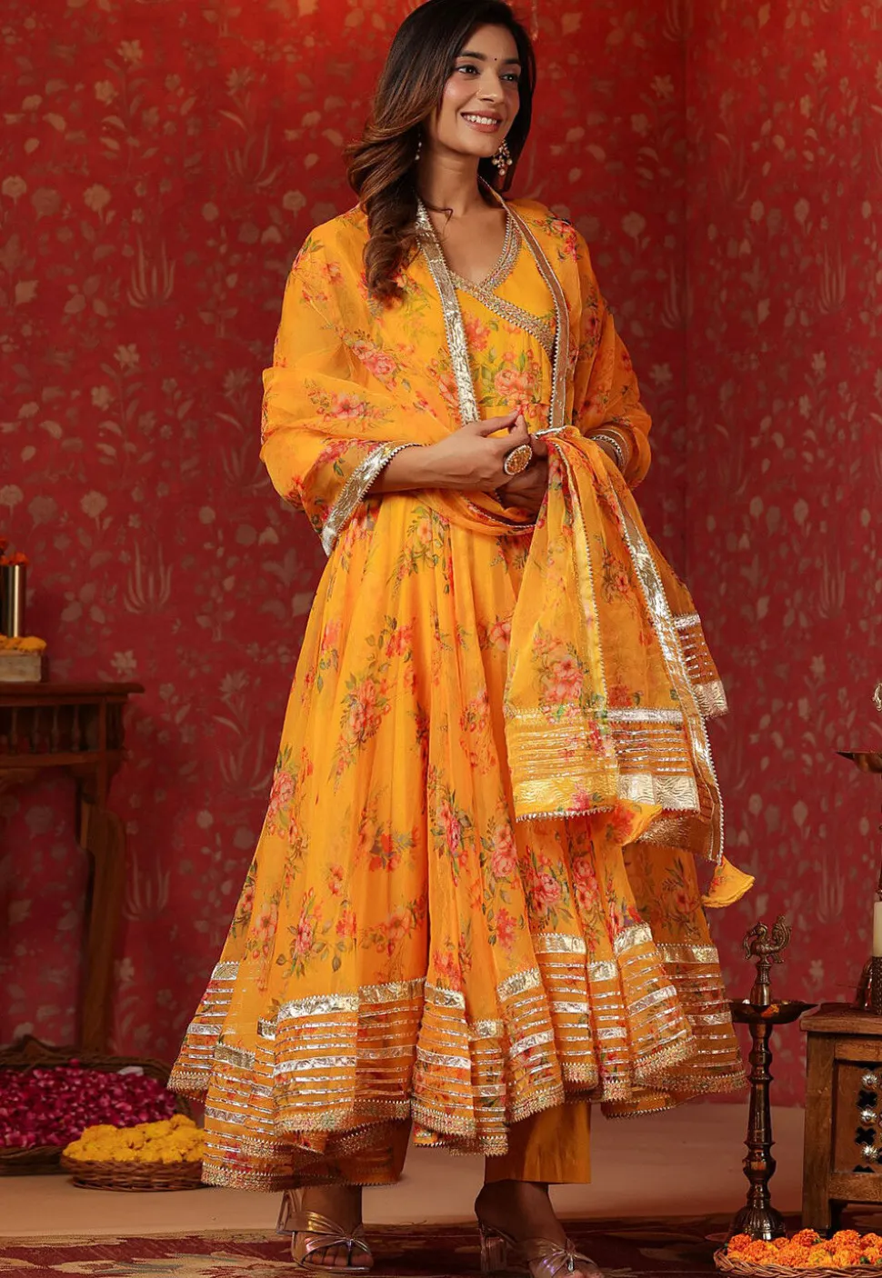 Digital Printed Organza Aline Suit in Yellow