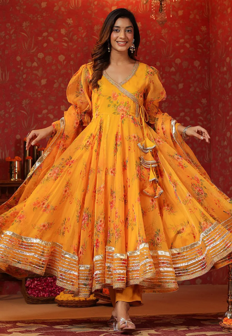 Digital Printed Organza Aline Suit in Yellow
