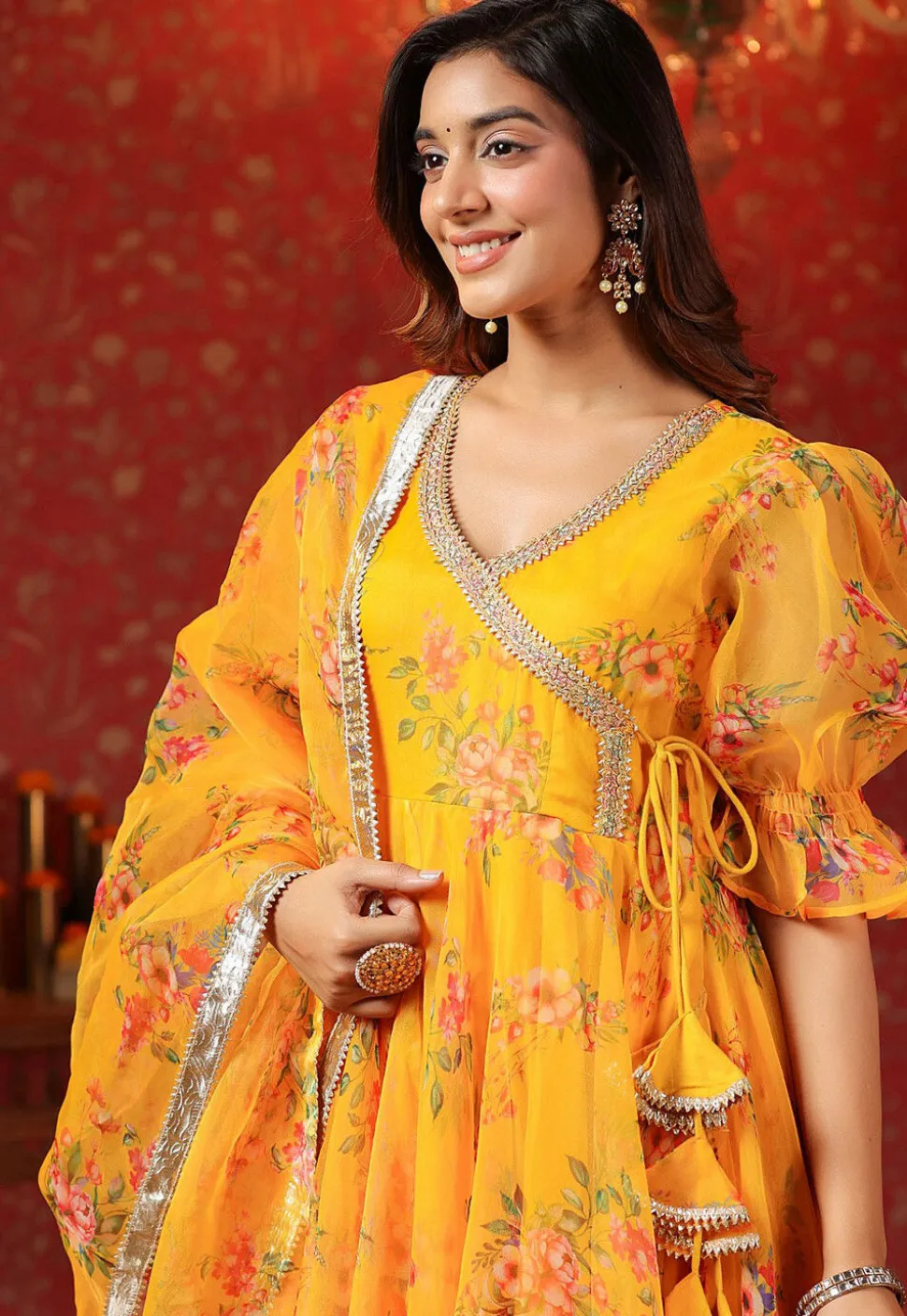 Digital Printed Organza Aline Suit in Yellow