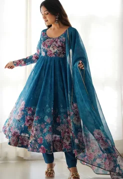 Digital Printed Organza Aline Suit in Teal Blue