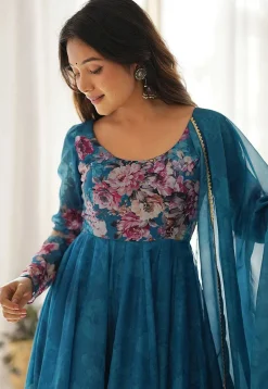 Digital Printed Organza Aline Suit in Teal Blue