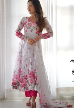 Digital Printed Organza Anarkali Suit in Off White