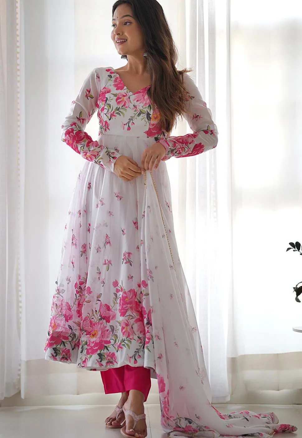 Digital Printed Organza Anarkali Suit in Off White