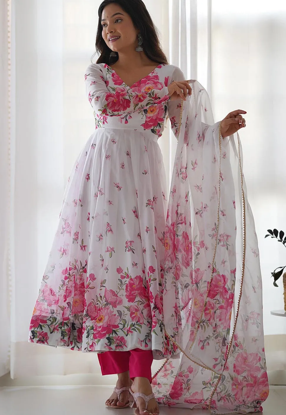 Digital Printed Organza Anarkali Suit in Off White