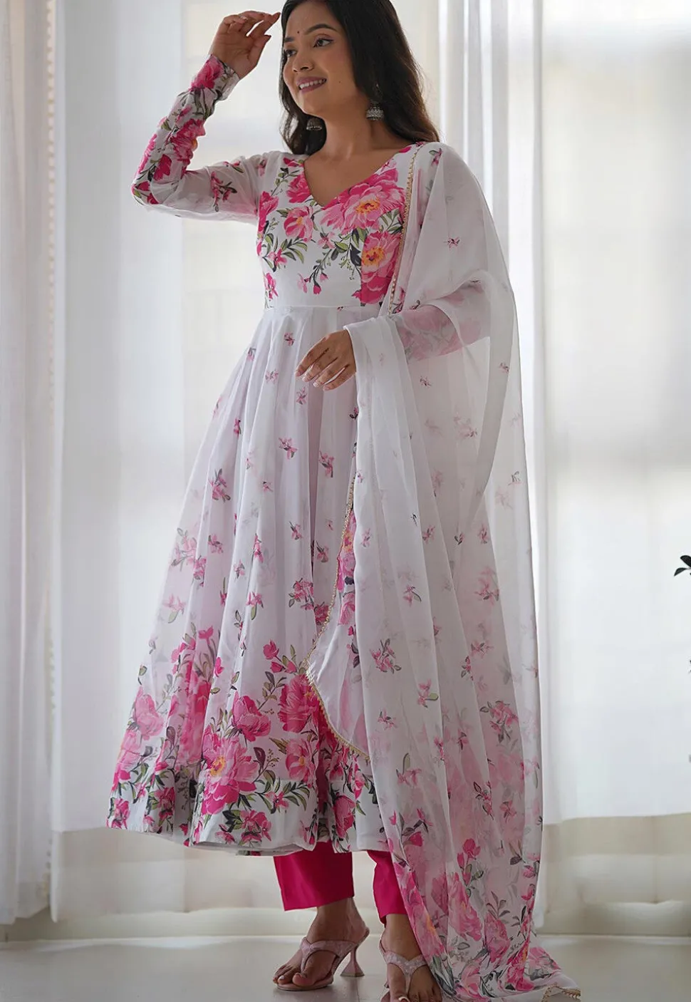 Digital Printed Organza Anarkali Suit in Off White