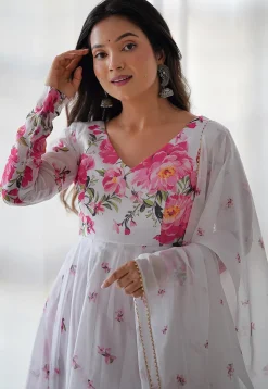 Digital Printed Organza Anarkali Suit in Off White