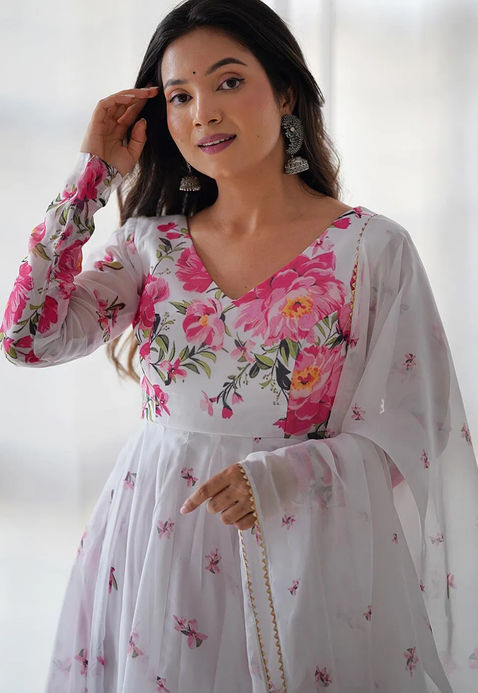 Digital Printed Organza Anarkali Suit in Off White