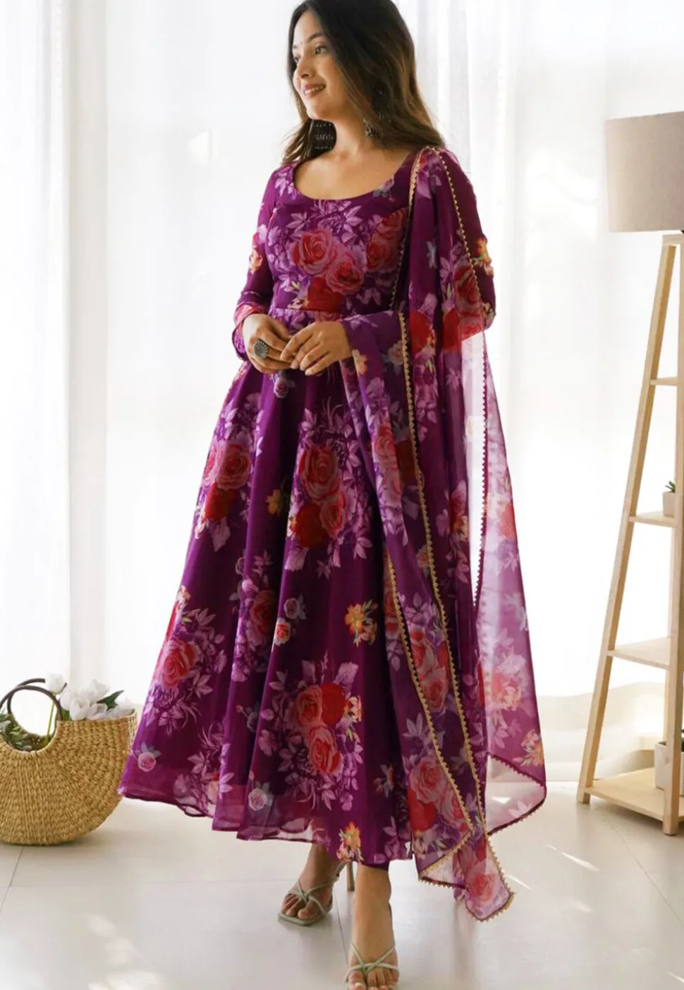 Digital Printed Organza Abaya Style Suit in Purple